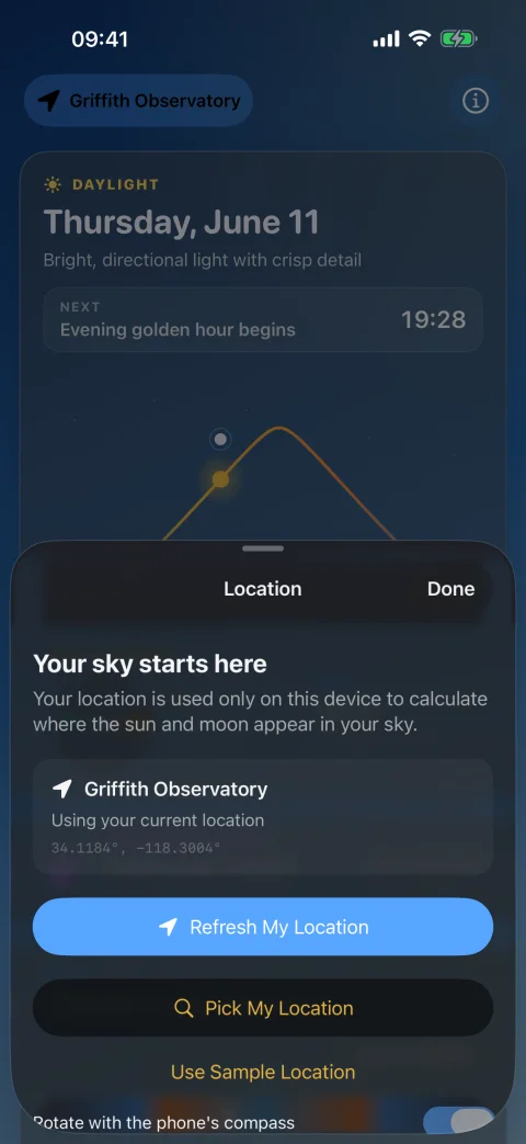 Moon Shadows location chooser with Griffith Observatory, current location, and city search